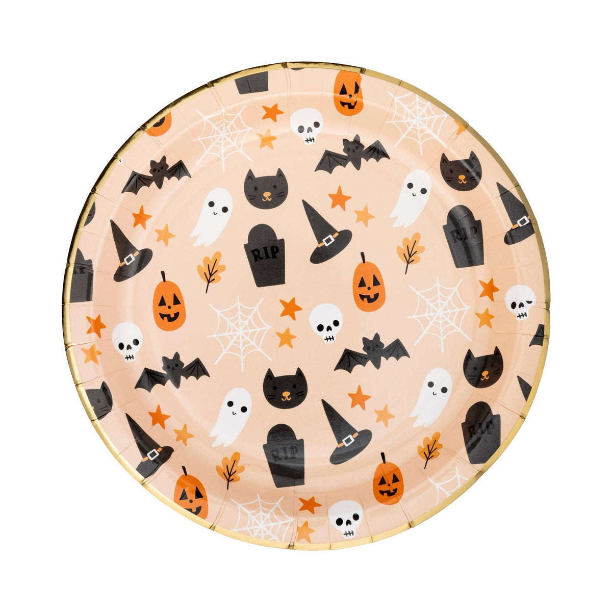 Round paper plate with Halloween-themed pattern on a light orange background