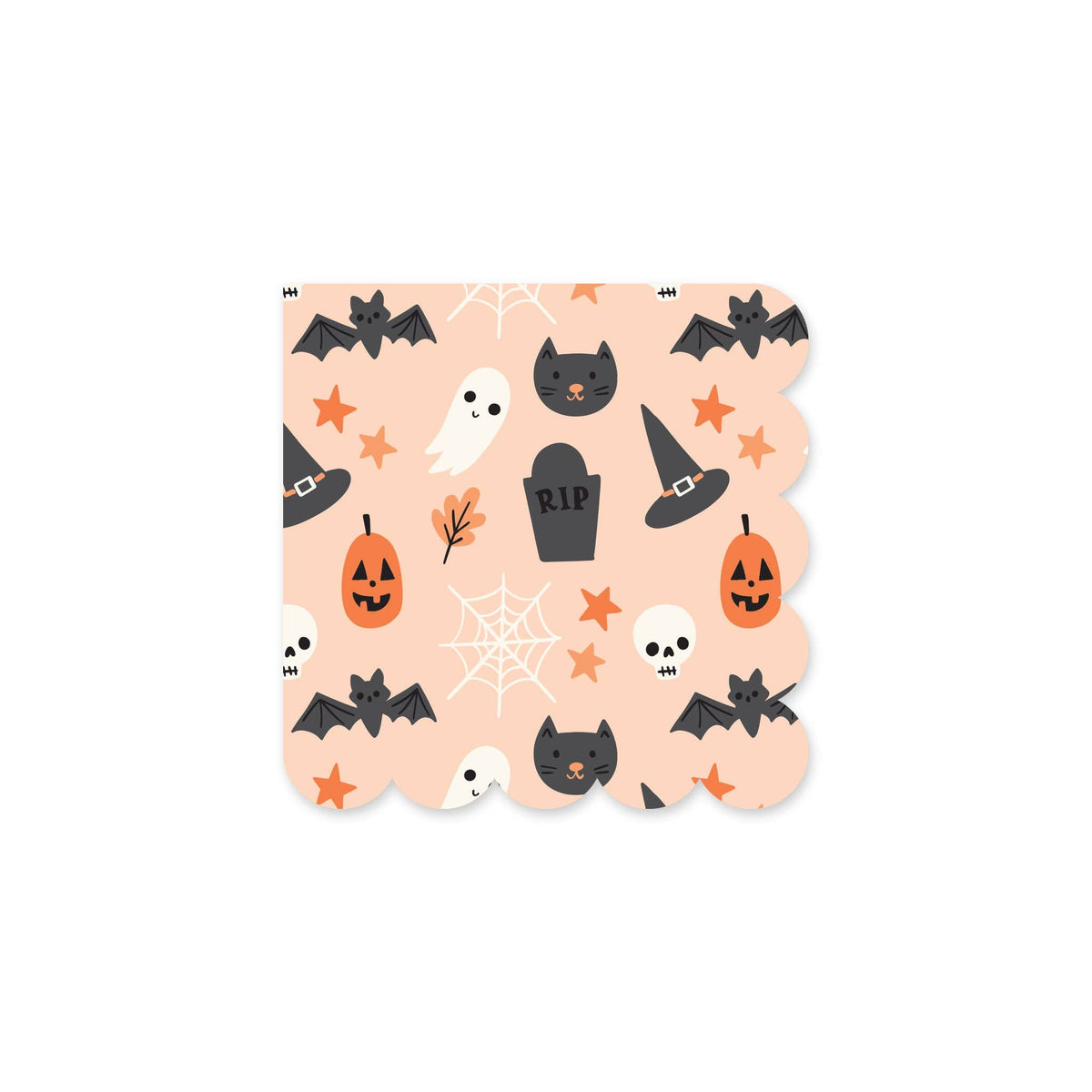 A square paper napkin with scalloped edges featuring a Halloween pattern on a light orange background. The pattern includes black bats, white ghosts, black cat faces, orange jack-o'-lanterns, black witch hats, white skulls, spiderwebs, and orange stars.