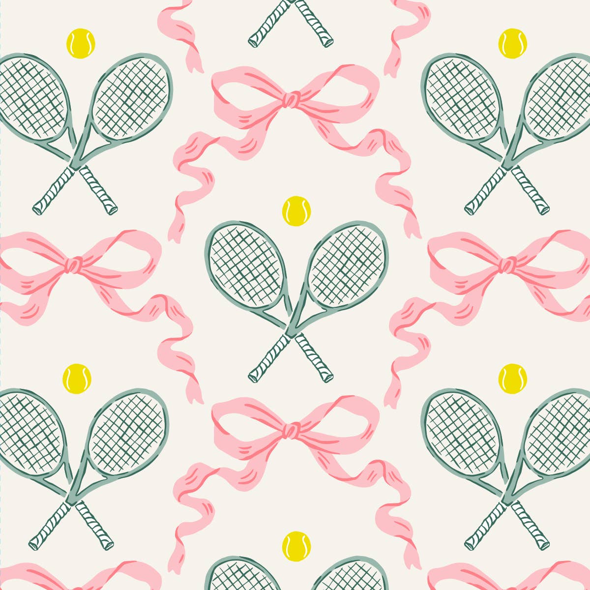 Pattern of tennis rackets, pink bows, and yellow tennis balls on a white cocktail napkin
