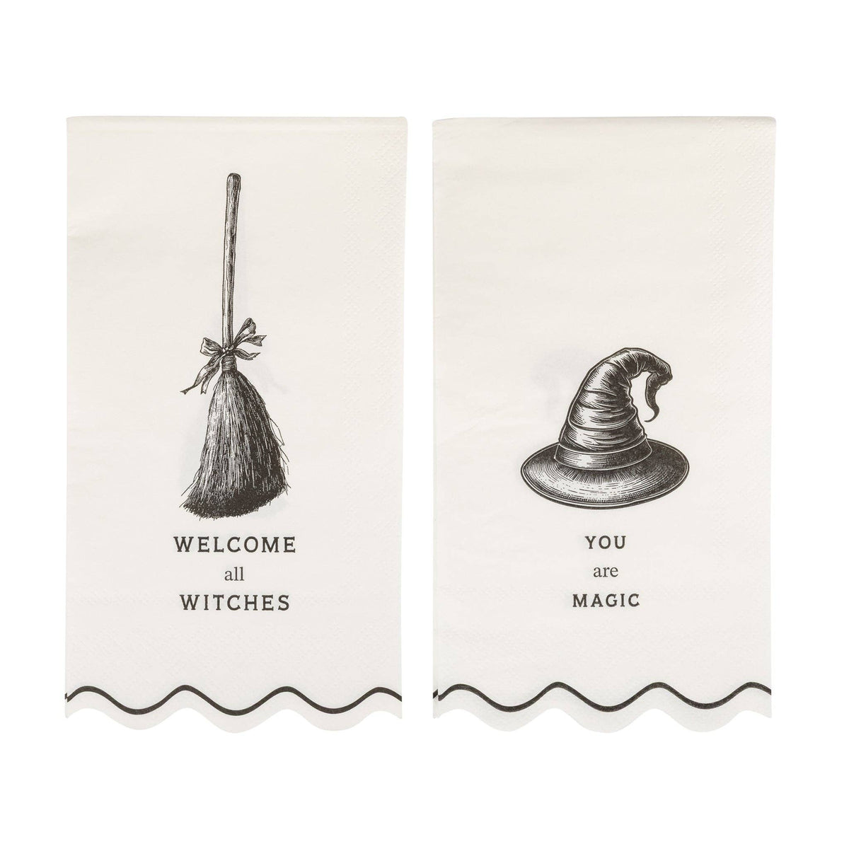 Two decorative paper napkins with witch-themed graphics and text on a white background