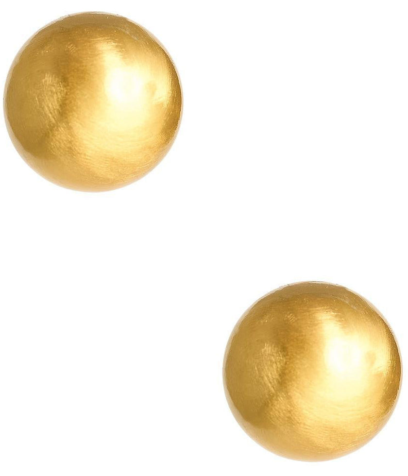 A pair of gold-colored ball stud earrings on a white background