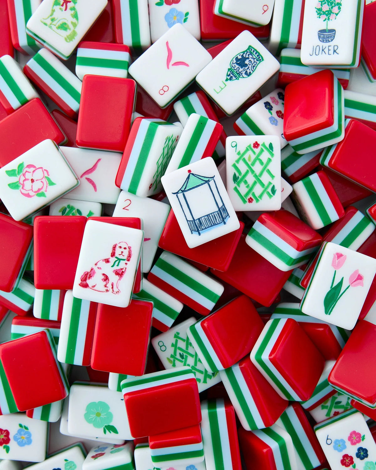 Nantucket tiles in reds, green, and blues.