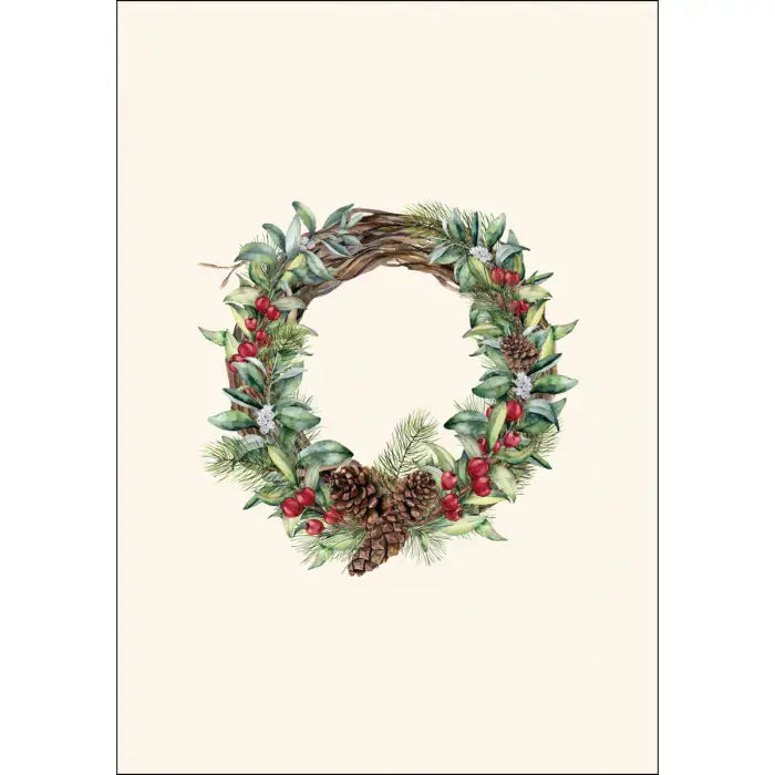 A notecard featuring a Christmas winter wreath design with green pine branches, red berries, and white snowflakes on a light background, accompanied by a matching envelope.