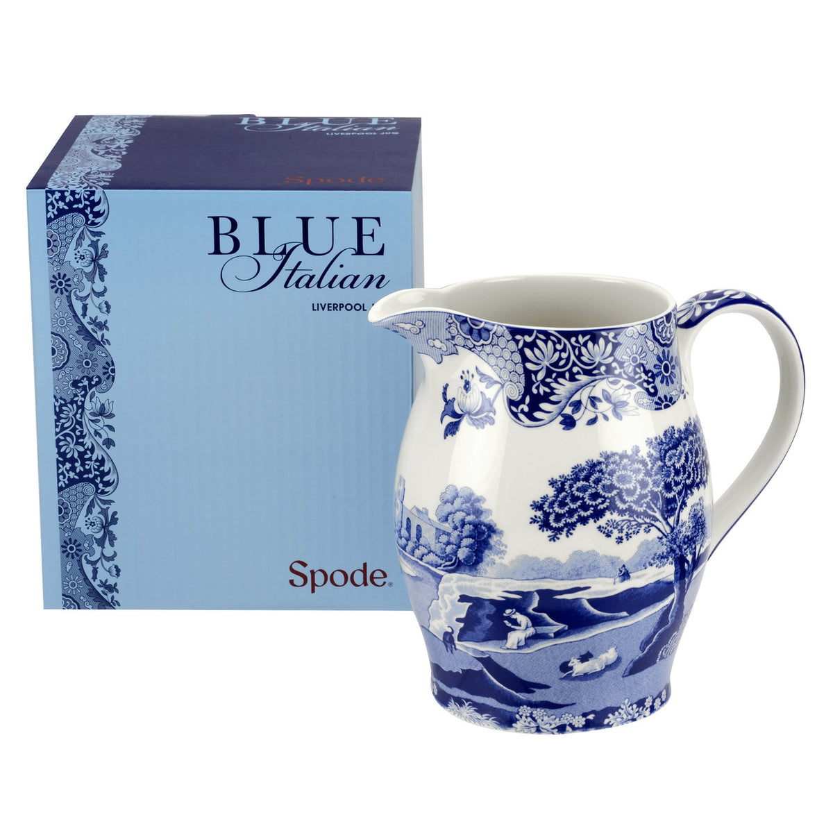 A Spode Blue Italian design porcelain pitcher with blue floral patterns on a white background, displayed alongside its packaging box.