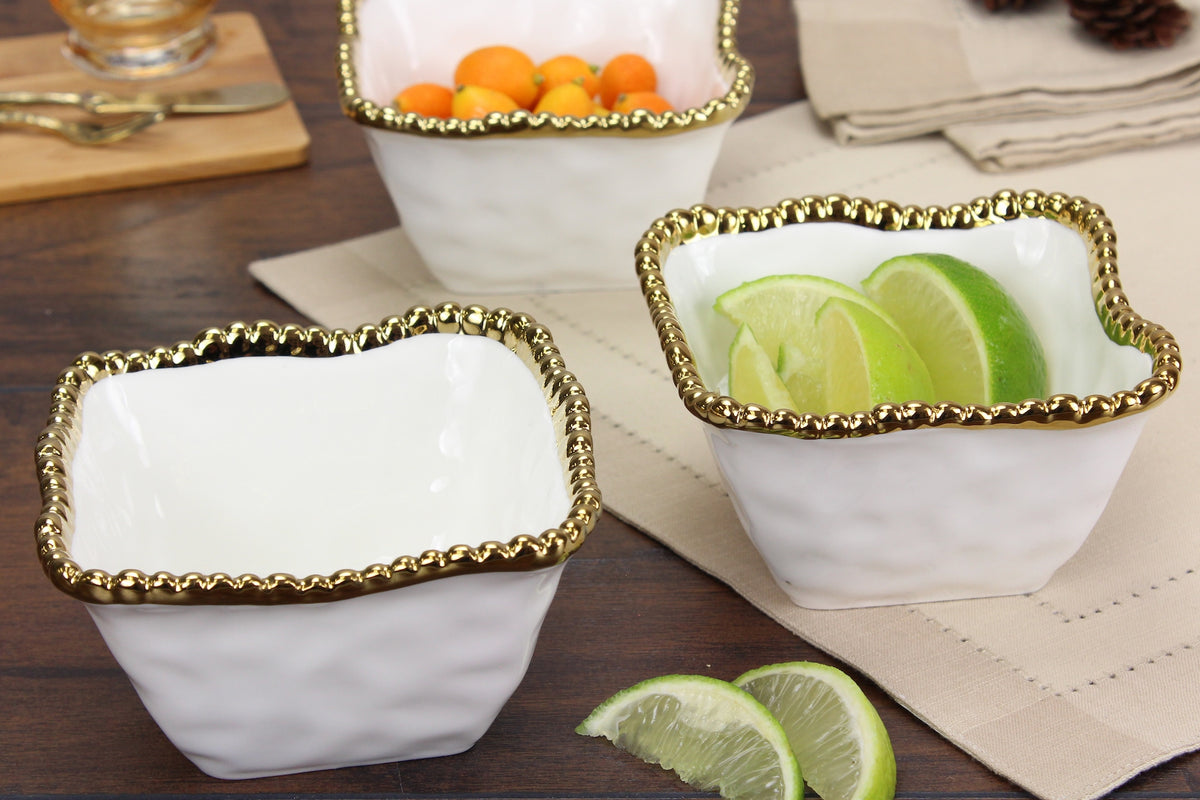 White and Gold Beaded Square Snack Bowl