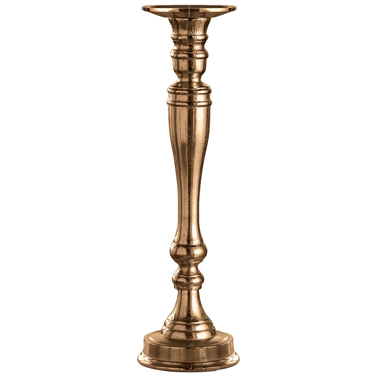 A tall, gold-colored metal pillar holder designed for holding candles, with a classic curved shape and a round base.