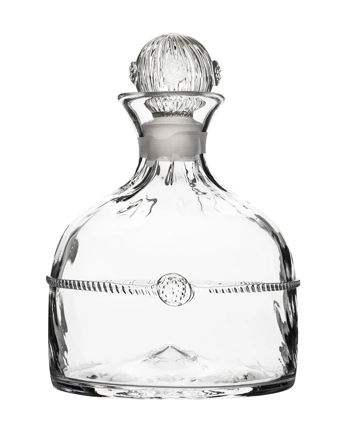 A clear glass decanter with a simple thread and single berry design, optic glass from the waist down, and a sash belt.